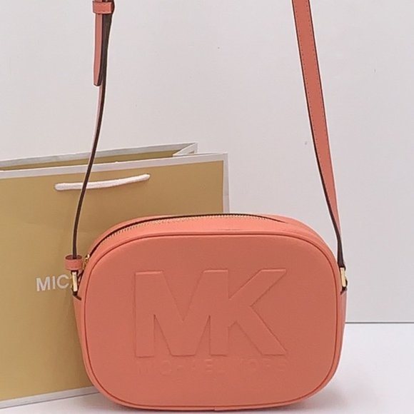 MICHAEL KORS Jet Set Medium Embossed Pebbled Leather Crossbody Bag Sherbert - Picture 15 of 16